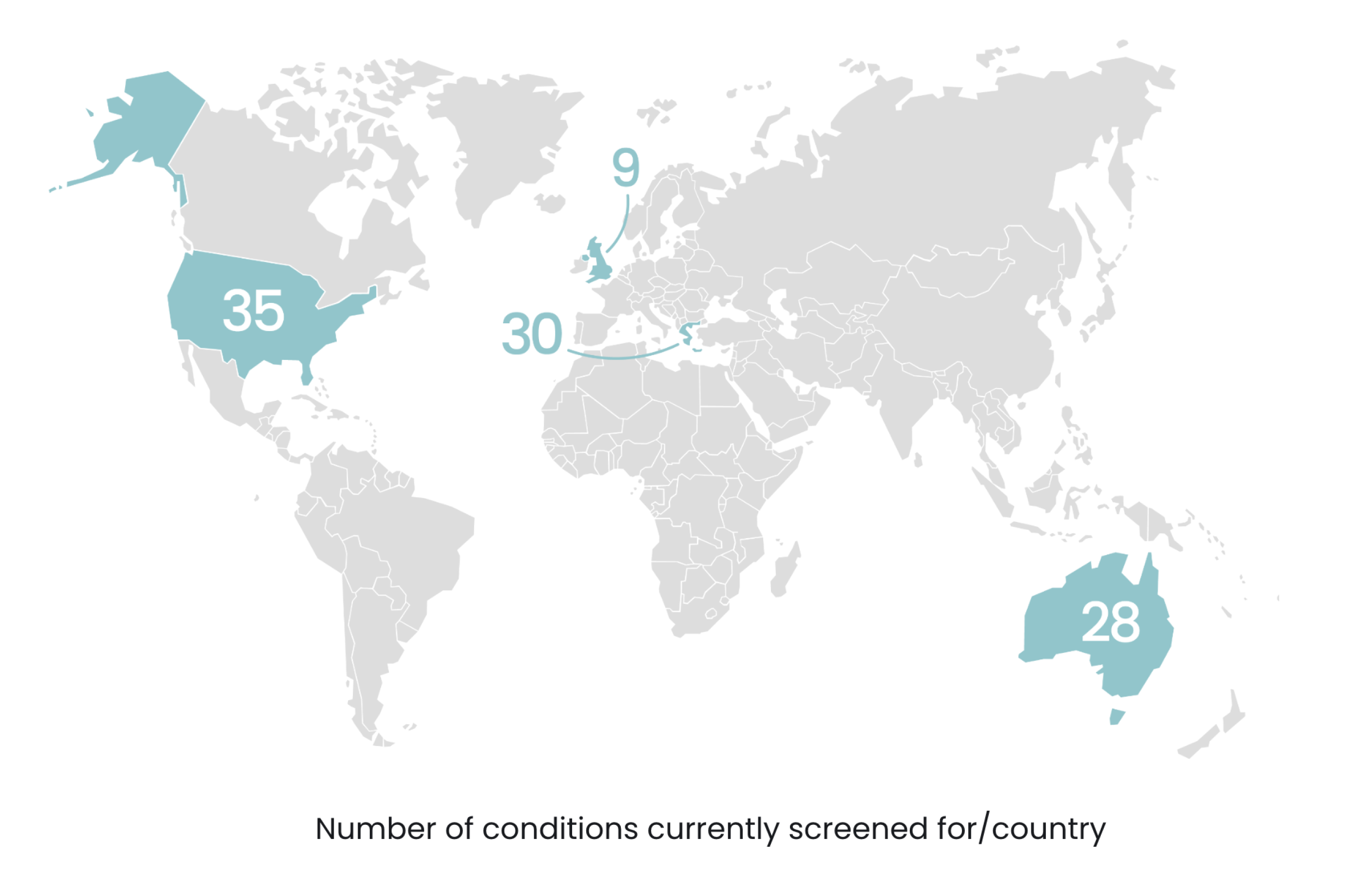 Map - Number of conditions currently screened for/country